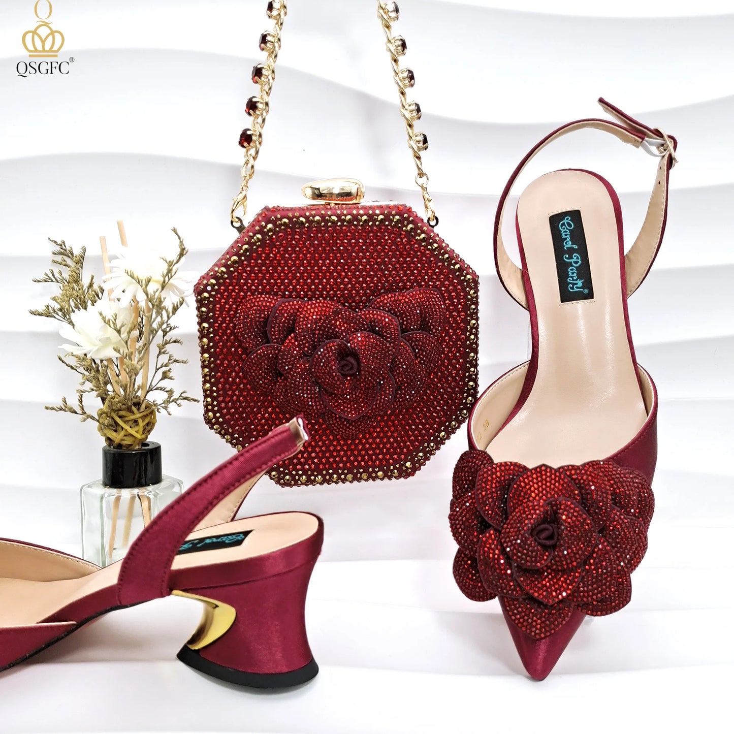 Italian Design Evening Shoes And Bag Paired With Handmade Petal Clutches Pointed Toe Mid-Heel Shoes For Women Party Shoes