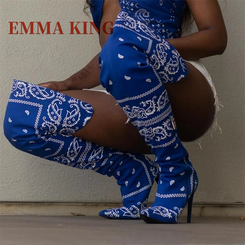 Autumn Winter Women Thigh High Boots Bandana Prints Bad Girl Heels Shoes Pointy Toe Silk Stiletto Botas Altas Mujer Size 35-44