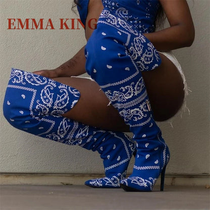 Autumn Winter Women Thigh High Boots Bandana Prints Bad Girl Heels Shoes Pointy Toe Silk Stiletto Botas Altas Mujer Size 35-44