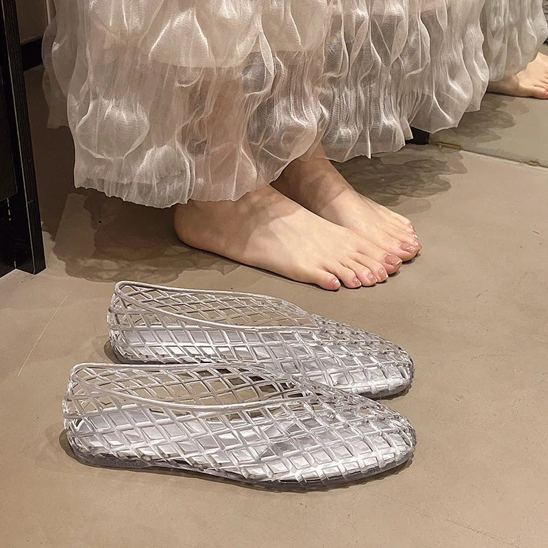 New V-mouth Crystal Jelly Shoes Fashionable, Versatile, Comfortable, Flat Bottom Single Shoes, Casual Sandals for Women
