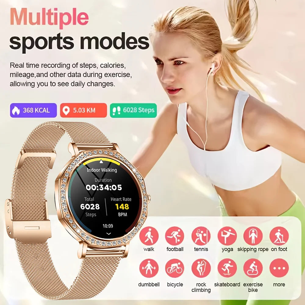 2026 New Ladies' Fashion Smartwatch Diamond Frame HD AMOLED Screen Bluetooth Call Health Monitoring Waterproof Smart Watch Gift