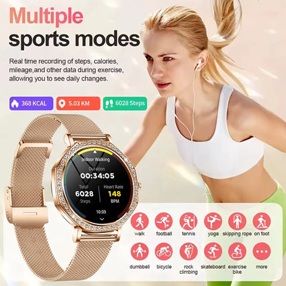 2026 New Ladies' Fashion Smartwatch Diamond Frame HD AMOLED Screen Bluetooth Call Health Monitoring Waterproof Smart Watch Gift
