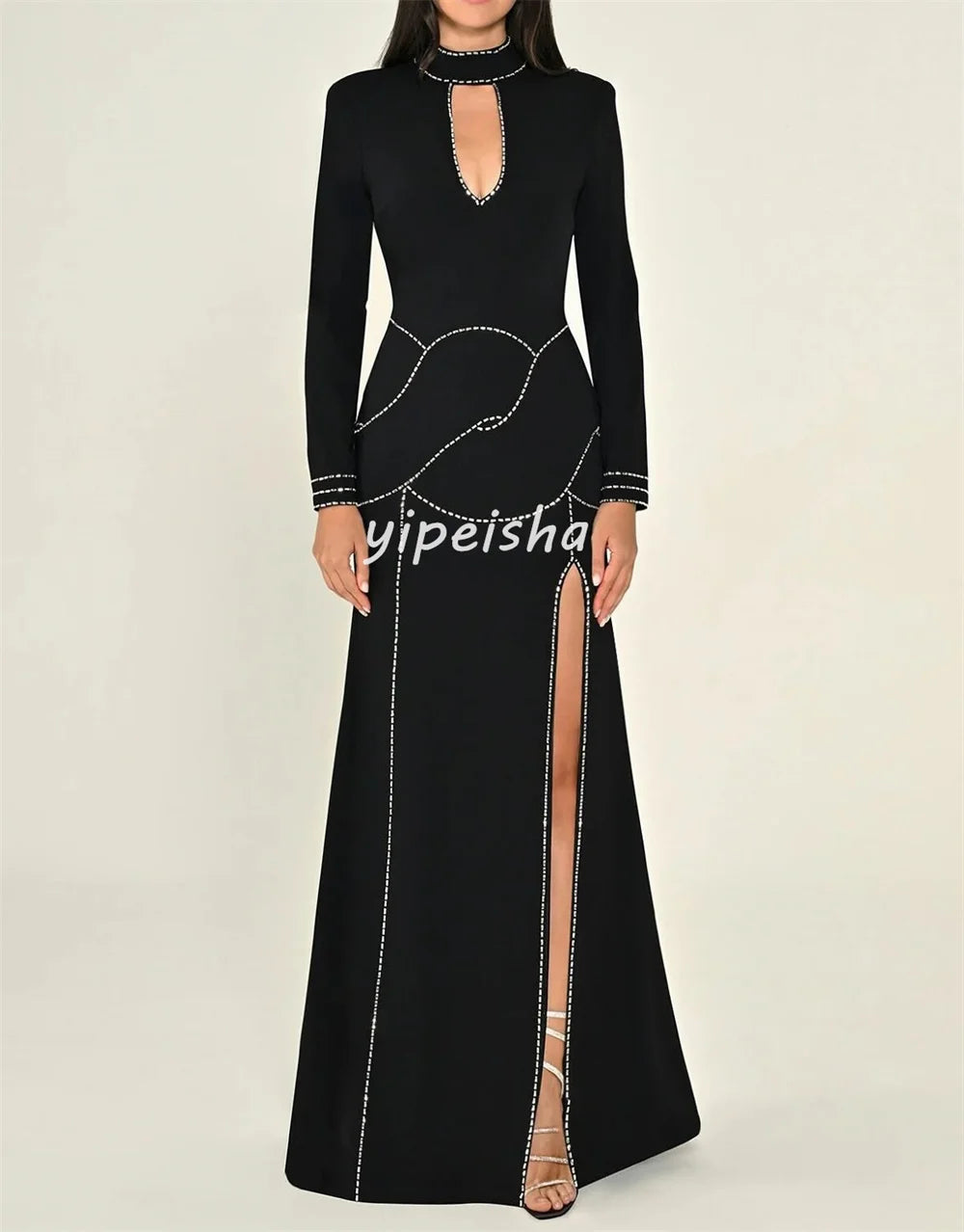 Customized Sizes Available Exquisite Jersey Rhinestone A-line High Collar Long Dresses Bespoke Occasion Dresses High Quality