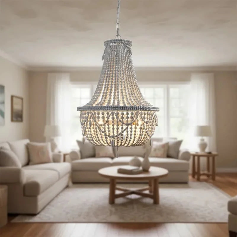 French Country white wood Bead Chandelier dining room bedroom princess Decorative chandelier 3/5 lights hanging light fixture