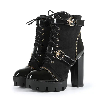 Design Women Black Leather Round Toe Rivets Metal Zippers Block High Heel Thick Bottom Ankle Boots Belt Buckles Platform Boots