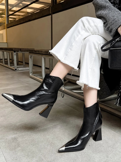Women's Metallic Ankle Boots Metal Toe Cap Block Heel Design Sharp Pointed Toe Elegant Side Zipper Office-Casual Daily Botas