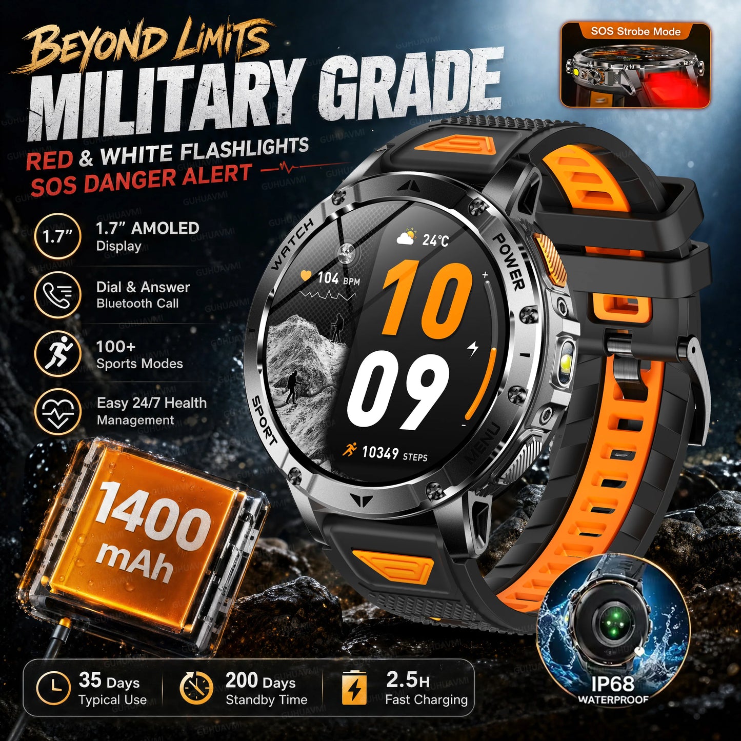 TANK Ultra Outdoor Smartwatch 1400mAh Battery Military Watches Waterproof Two-color Tactical LED Flashlight Men Sports Bracelet