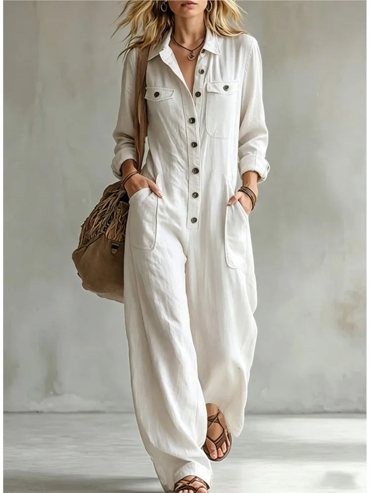 Autumn New Fashion Linen Single Breasted Double Pocket Women's Work Jumpsuit Casual Loose Vacation Female Rompers 2026