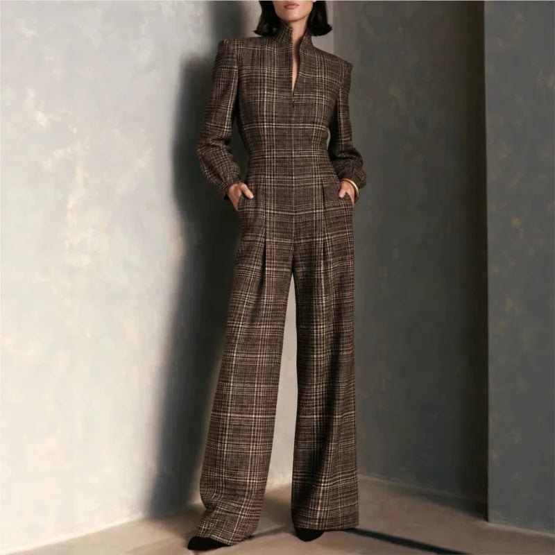 Temperament Plaid Printed Jumpsuit For Women Spring Autumn Fashion High Waist Wide Leg Romper Ladies Casual Jumpsuit With Pocket