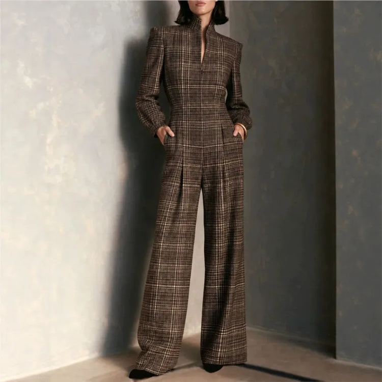 Temperament Plaid Printed Jumpsuit For Women Spring Autumn Fashion High Waist Wide Leg Romper Ladies Casual Jumpsuit With Pocket
