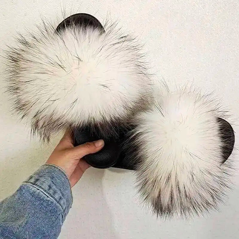 Real Raccoon Fur Slippers For Women 2026 Summer Fluffy Indoor House Fuzzy Flat Slides Outdoor Fashion Beach Sandals Flip Flops