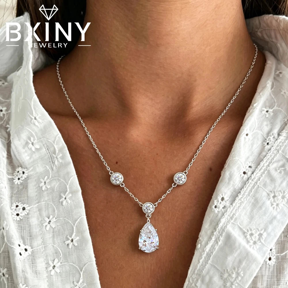 BXINY 4CT Pear Cut Moissanite Necklace Pure S925 Silver Waterdrop Diamond Pendant Bubble Chain For Women Engagement Fine Jewelry