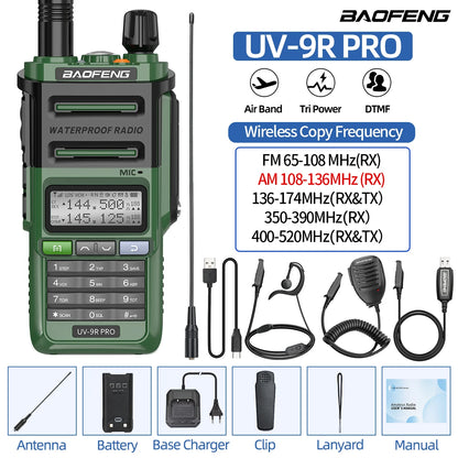 Baofeng UV-9R PRO Walkie Talkie IP68 Waterproof Full Band Wireless Copy Frequency 128CH AM FM Type-C Long Range Two Way Radio