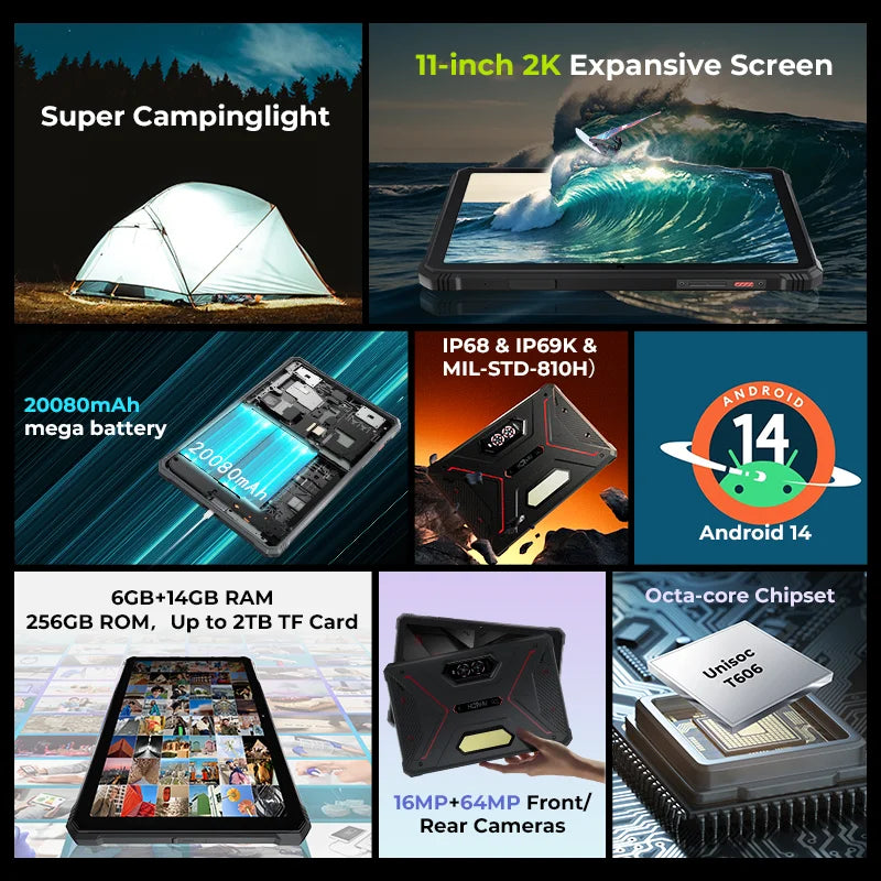 HOTWAV R9 Pro Global Dual 4G Rugged Tablet 11'' FHD+ 2K Large Display 20080mAh Massive Battery 20W Fast Charging Pad Android 14 6GB RAM 256GB ROM/2TB Expansion 64MP+16MP Camera Global 4G Tablet PC With Super Camping Light