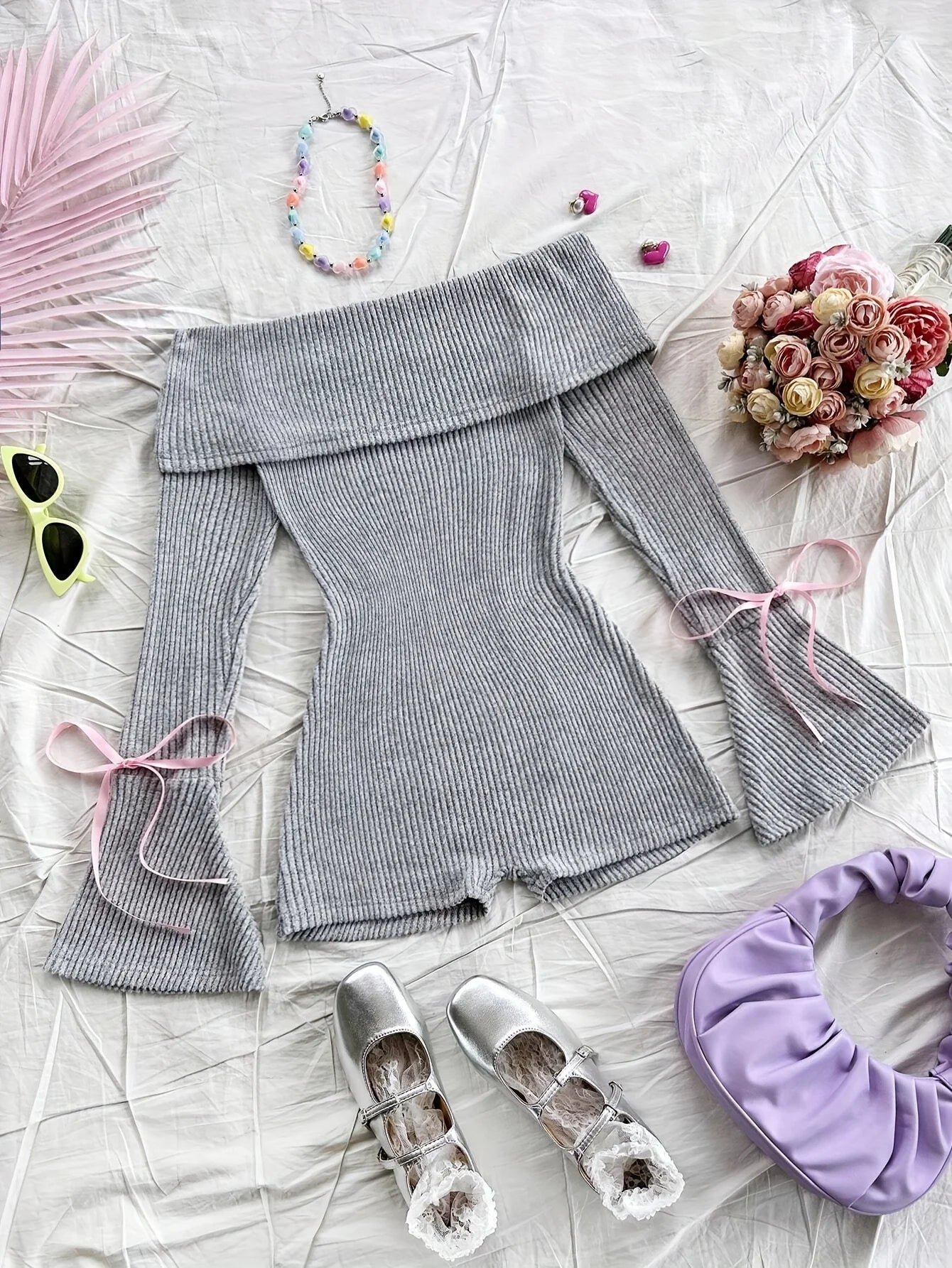Elegant Directed Women's Autumn Winter New Knitted Solid Color One-Shoulder Bell Sleeve Long Sleeve Sexy Bared Shoulder Jumpsuit