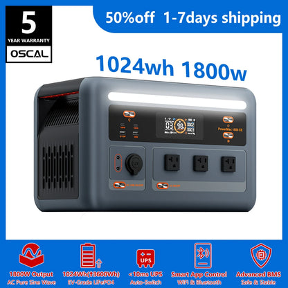 OSCAL PowerMax 1800 SE Solar Generator, 1024Wh LiFePO4 Portable Power Station | 1800W (3600W Surge) | 1 Hour Fast Charge | APP Control | Quiet UPS for Home Backup, Hurricane Emergency, Camping & RV
