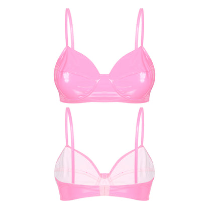 Womens Sexy Belly Dancing Clubwear Wetlook Glossy Patent Leather Bra Top Lingerie Nightclub Rave Outfit Pole Dance Bra Brassiere