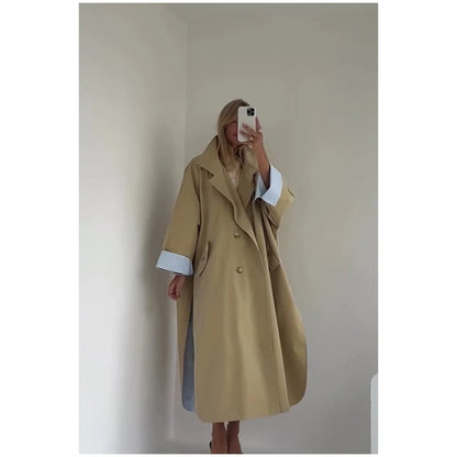 Women Black Long Solid Color Trench Coat Stand Collar Loose Drop Shoulder Single-breasted Windbreaker Lady Commute Outing Wear