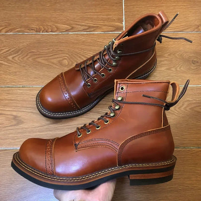 New Vintage British Round Toe Men Shoes Lace-Up Genuine Cow Leather Ankle Boots Work Dress Motorcycle Boots Red Brown Casual