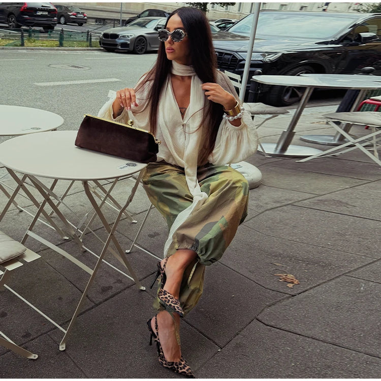 Women Camouflage Cargo Long Pants High Waist Wide Leg Drawstring Hem Baggy Trousers 2026 Autumn Casual Chic Vintage Streetwear