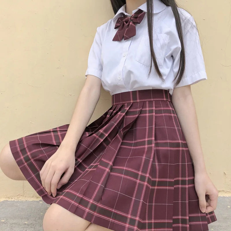 New Japanese School Uniform Korean Student Jk Seifuku Blouse Pleated Skirt Tie Full Set Girl Plaid Skirt Pink Uniforms For Woman