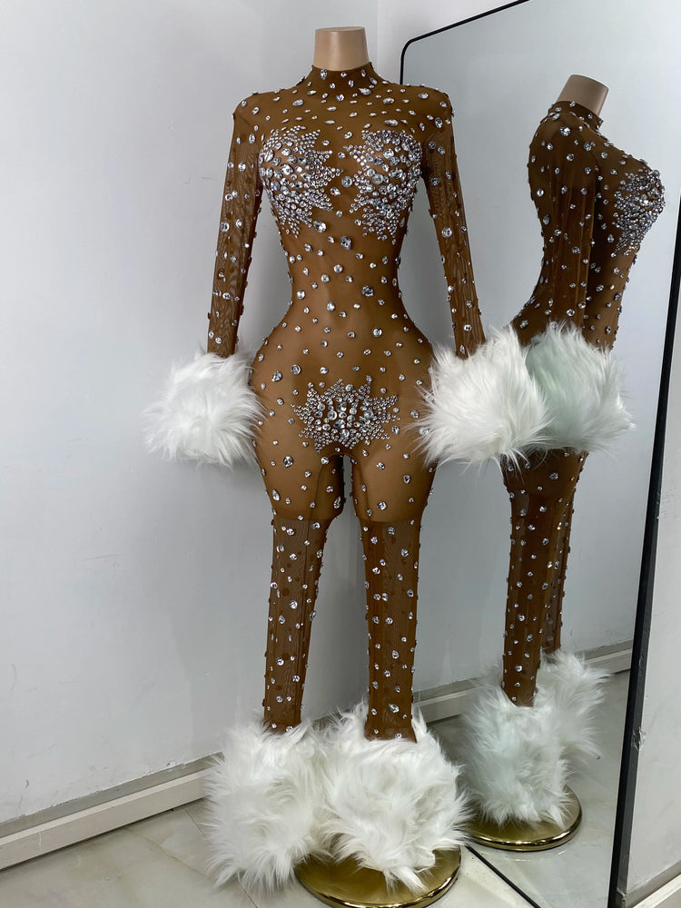 Luxury Diamonds Mesh Transparent Stretchy Jumpsuit for Women Sexy Long Sleeve Performance Singer Costume Nightclub Outfit 2025