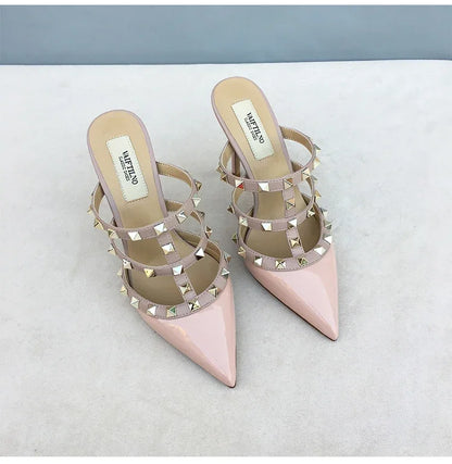 Women's sandals luxury Brand Shoes Woman 2025 trend Ankle Strap Summer Rivets High Heels Slippers Design Pointed Toe Sexy party