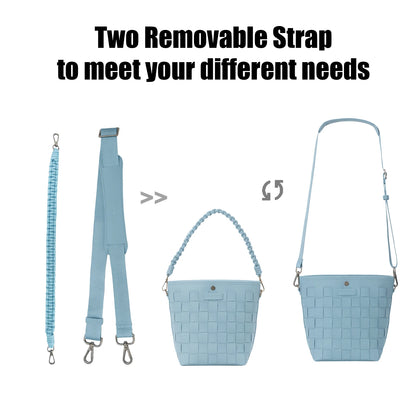 Besnfoto Camera Bag Stylish Woven Leather Shoulder Bucket Bag with Detachable Drawstring Pouch Removable Strap Vintage Crossbody Handbag Case for DSLR Mirrorless Camera Lens Sony Canon Nikon Women
