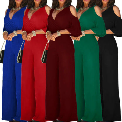 2024 Spring/Summer New Women's jumpsuit loose and elastic V-neck off shoulder waist loose wide leg pants for women's clothing
