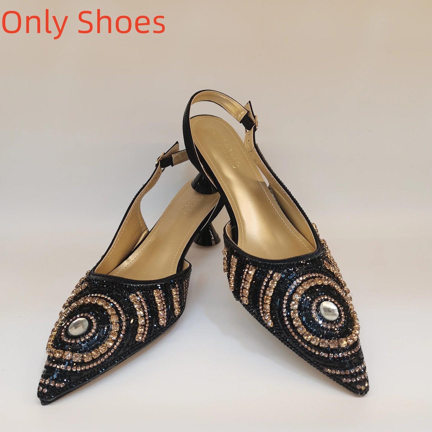 New Elegant Nigerian Women’s Gold Colour Heeled Shoes With Match Rhinestone Handbag Set Italian Design for Parties