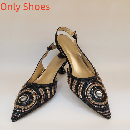 New Elegant Nigerian Women’s Gold Colour Heeled Shoes With Match Rhinestone Handbag Set Italian Design for Parties