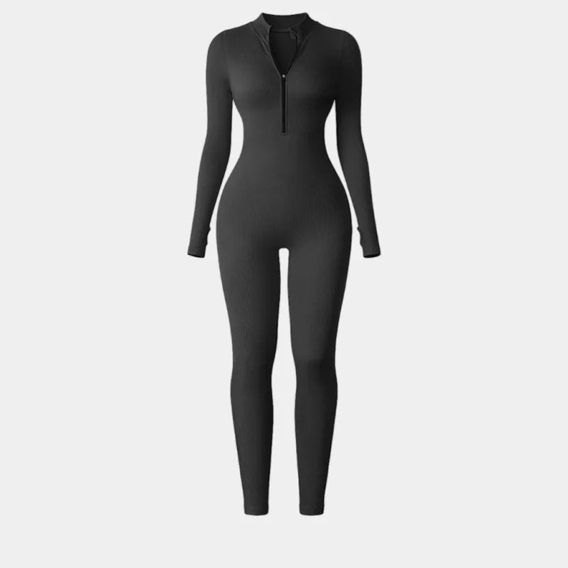 Screw Zipper Long Sleeve Jumpsuit Woman Slim Gym Workout Running Yoga Jumpsuits Women V Neck Tight Sports Fitness Clothes
