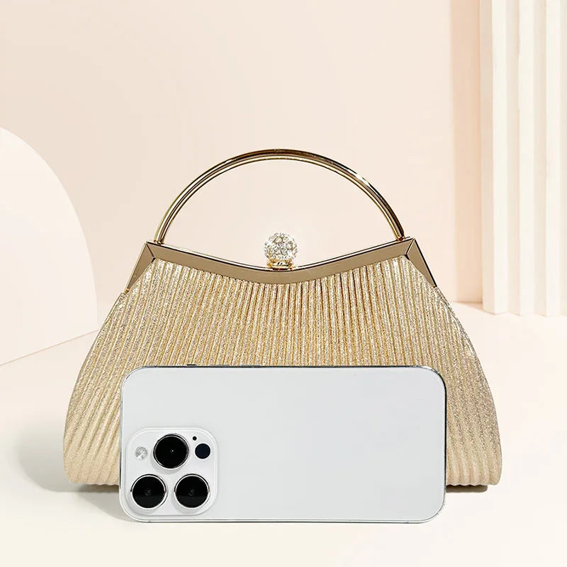 Pleated Evening Handbag Women Top Handle Glitter Day Clutch Ladies Wedding Dinner Dressed Clip Bag Diamond Party Purse Gold