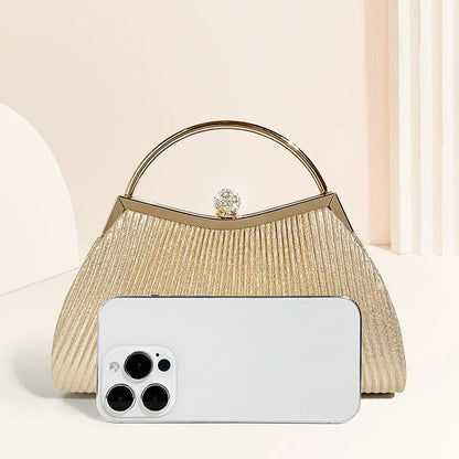 Pleated Evening Handbag Women Top Handle Glitter Day Clutch Ladies Wedding Dinner Dressed Clip Bag Diamond Party Purse Gold