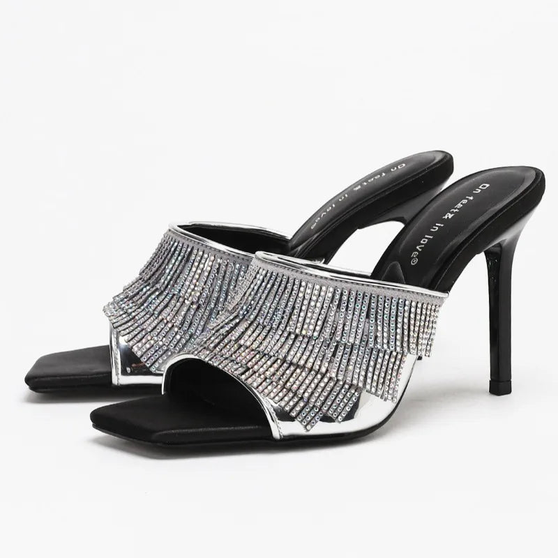 Sexy Rhinestone Designer Thin Heeled Slippers Women Open Toe 2026 New Elegant Party Dress Shoes Tassel Luxury High Heels Sandals