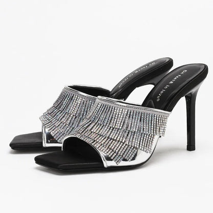 Sexy Rhinestone Designer Thin Heeled Slippers Women Open Toe 2026 New Elegant Party Dress Shoes Tassel Luxury High Heels Sandals