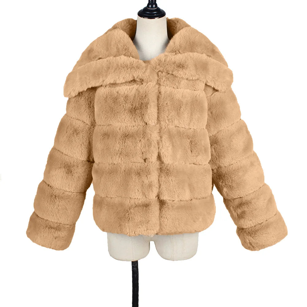 2026 Autumn Winter Turndown Collar Faux Fur Coat Women Casual Long Sleeve Fluffy Plush Jacket Khaki Thick Fake Fur Warm Cardigan