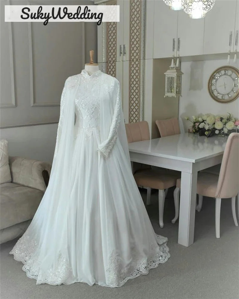 Muslim Arabic Wedding Dresses With Cape Lace Appliques Sequines High Neck Dubai Princess Bride Wedding Dress Customized