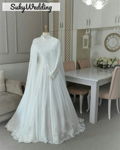 Muslim Arabic Wedding Dresses With Cape Lace Appliques Sequines High Neck Dubai Princess Bride Wedding Dress Customized