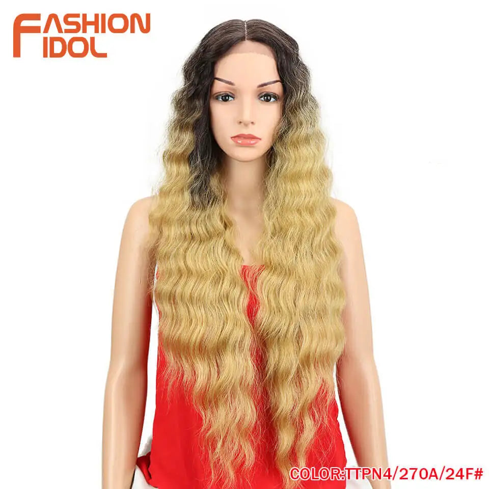 FASHION IDOL 30inch/75cm Water Wave Lace Wigs Synthetic Curly Lace Front Wigs Cosplay Ombre Blonde Hair Wigs For Black Women