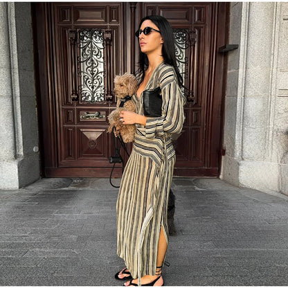 Multicolor Striped Shirt 2 Picec Set Button Front Blouse High Waist Flared Hem Maxi Skirt 2026 Summer Elegant Lady Vacation Suit