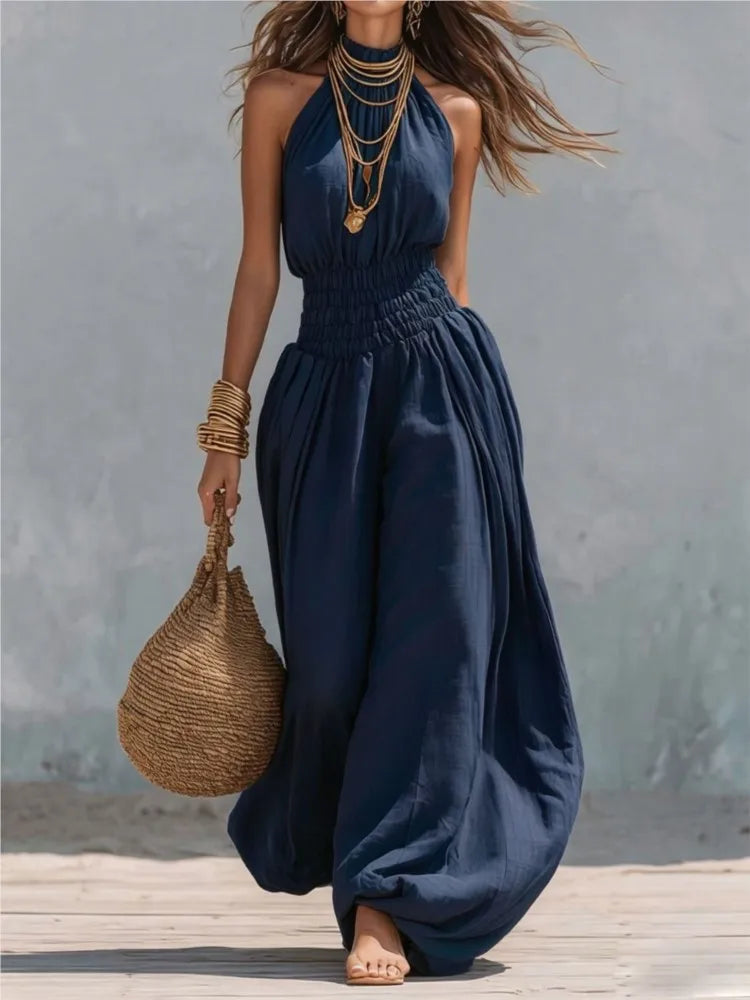 Summer Sexy Halter Sleeveless Pleated Jumpsuit Women Fashion Solid Elastic Waisted Wide Leg Jumpsuit Casual Loose Rompers Street