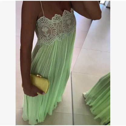 Light Blue Halter Neck Pleated Mini Dress Lady Sleeveless High Waist Hollow Lace Short Vestidos Summer Women's Vacation Outfit
