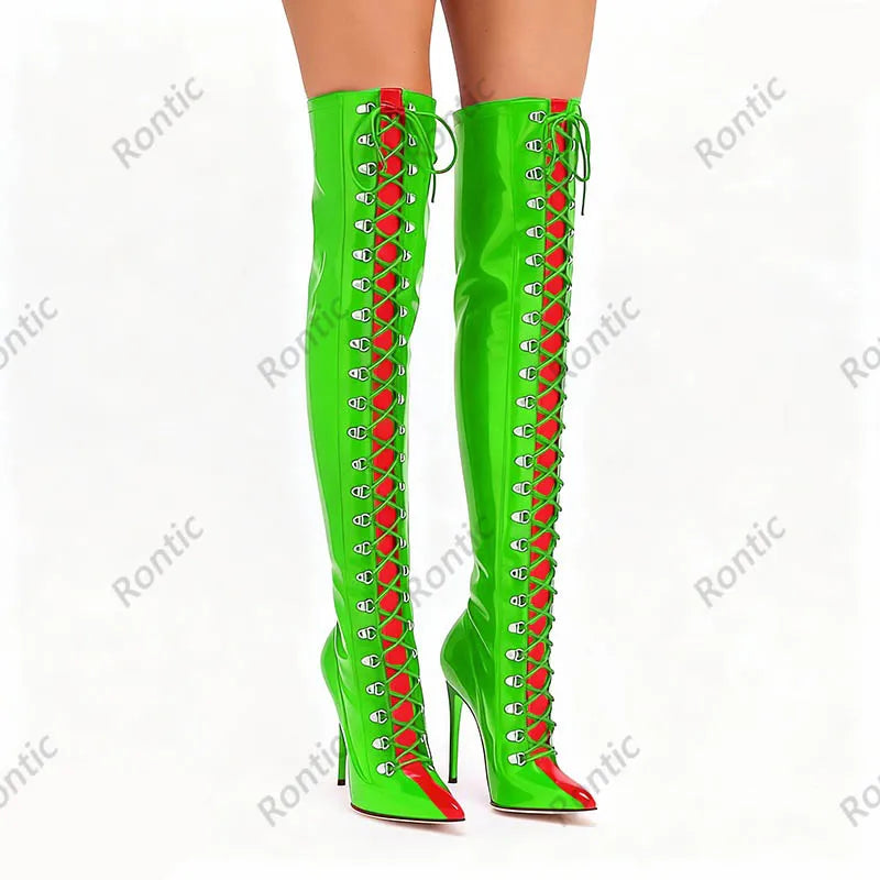 Rontic Custom Crafted Blue Thigh High Boots Stiletto Heel Design Red Detail Laces Pointed Toe Patent Leather Artisan Size 5-15