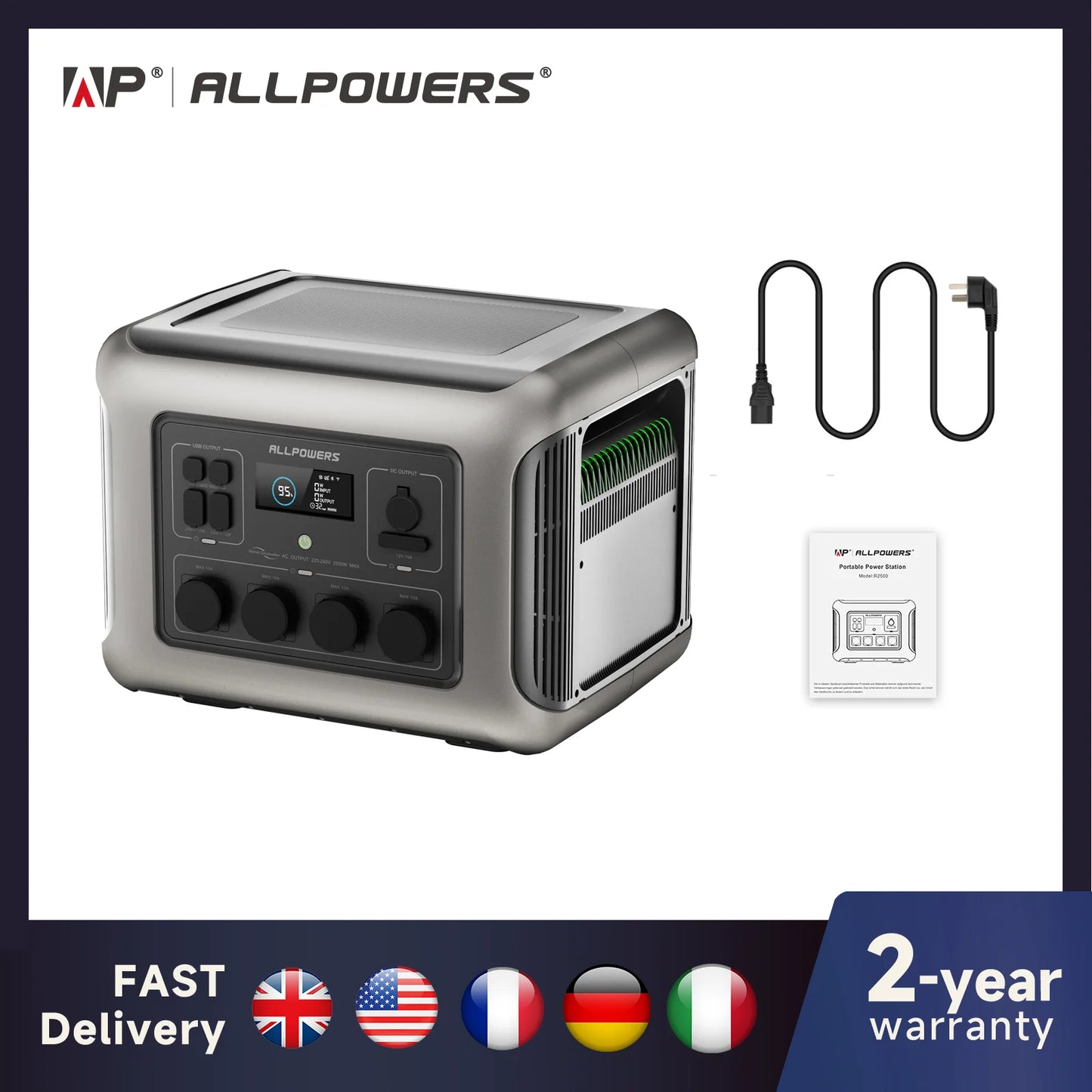 ALLPOWERS R2500 Portable Power Station 1920Wh LiFePO4 Battery 2500W Emergency Household Outdoor Power Supply for RV Travel