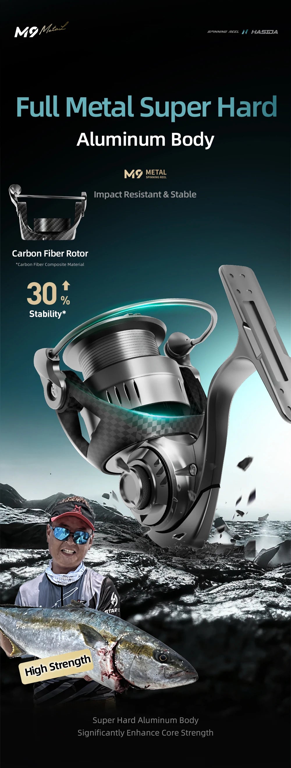 HASIDA M9 Full Metal Sea Spinning Reel 12kg Max Drag Slow Descent Dense 6 Sets Waterproof System Professional for Saltwater