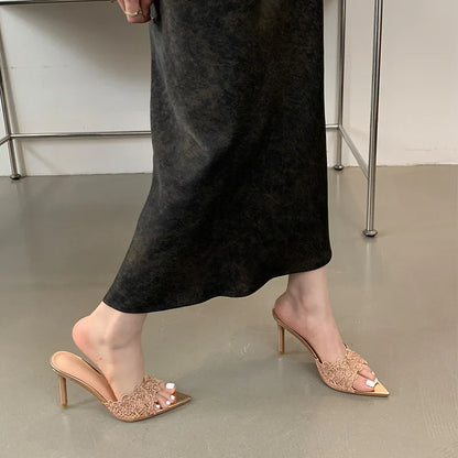 Luxury Lace Crochet Mule Slipper Woman Brand Design Point Toe High Heel Slide Sandal Ladies Elegant Evening Party Stiletto Shoes