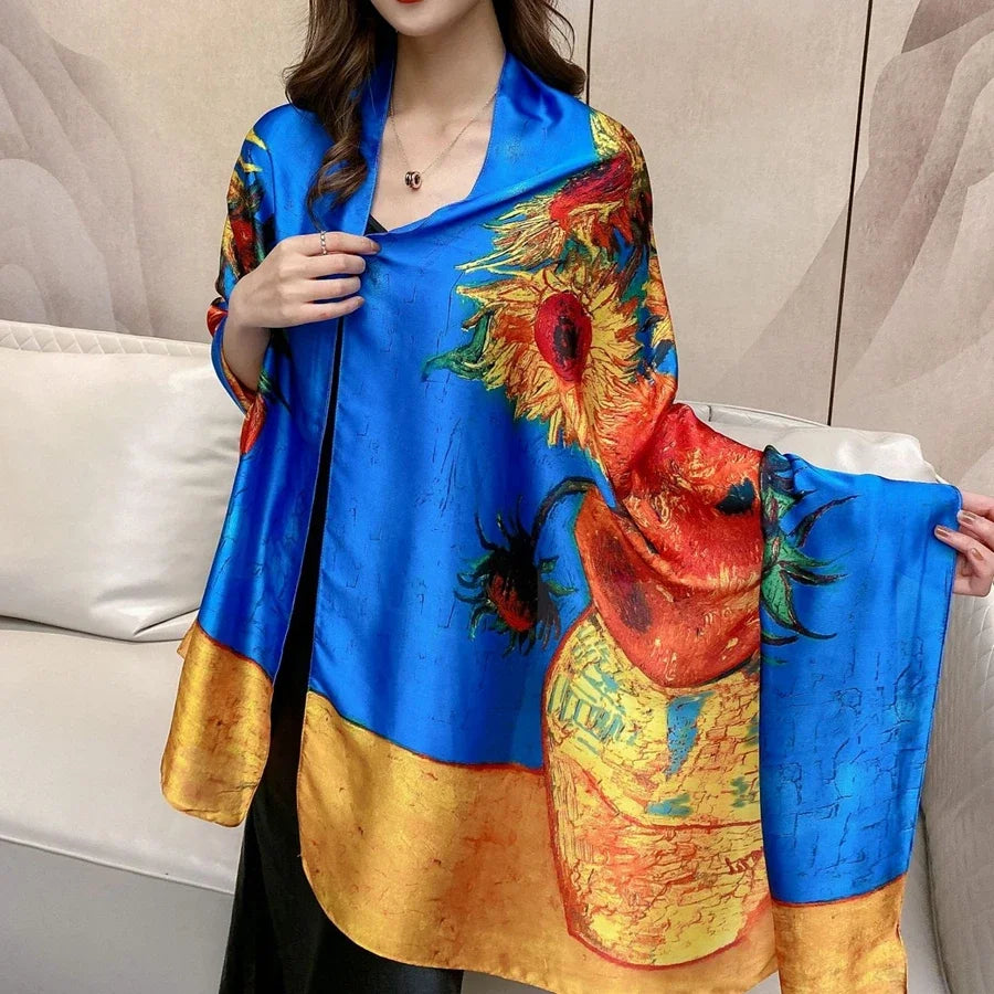 Designer Almond Blossoms Printed Silk Scarf Women Luxury Sun Protection Shawl Ladies Summer Beach Pareo Sarong Travel Wrap 180cm