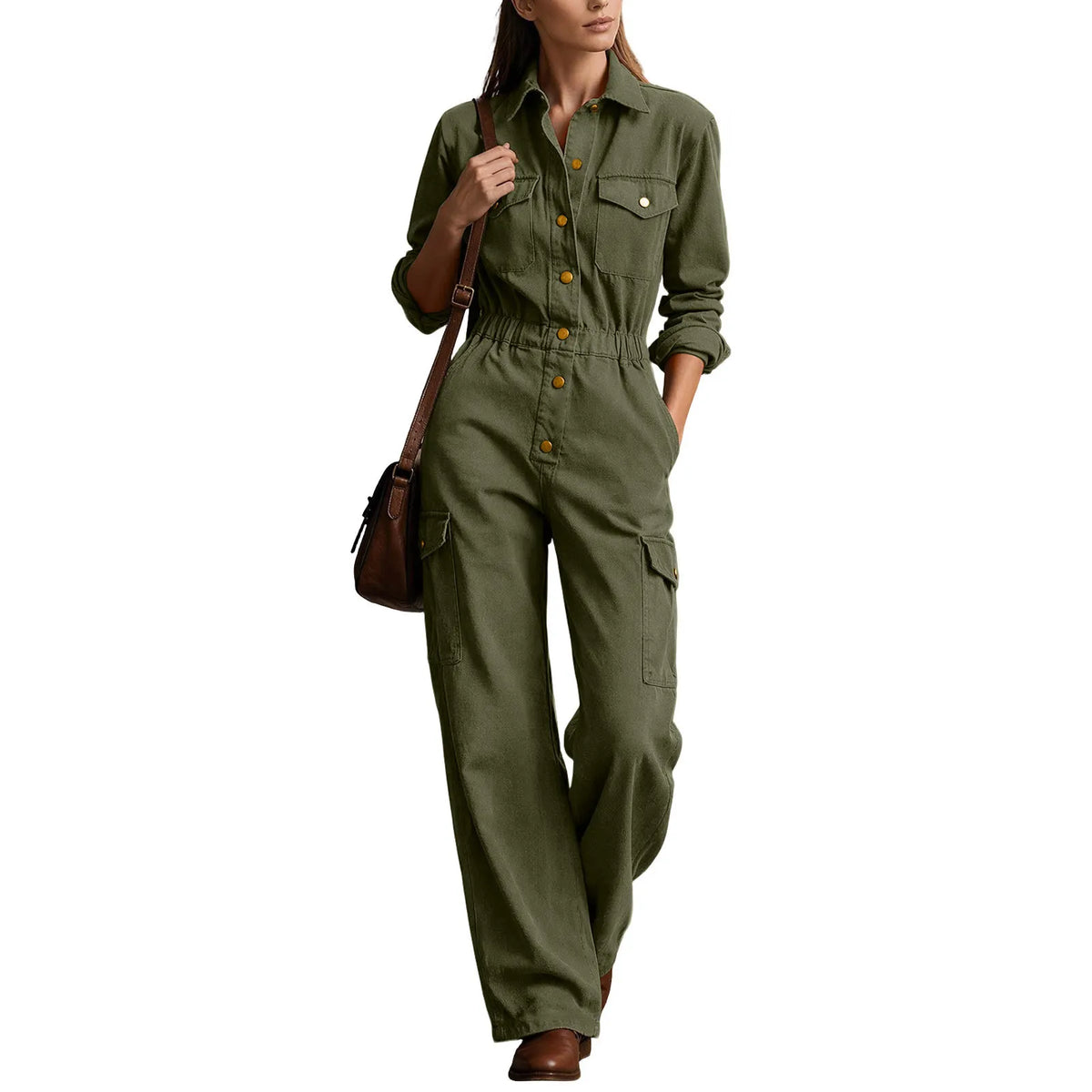 Casual Lapel Button High Waist Romper Autumn Fashion Lady Pocket Playsuits Overalls Vintage Long Sleeve Wide Leg Jumpsuits