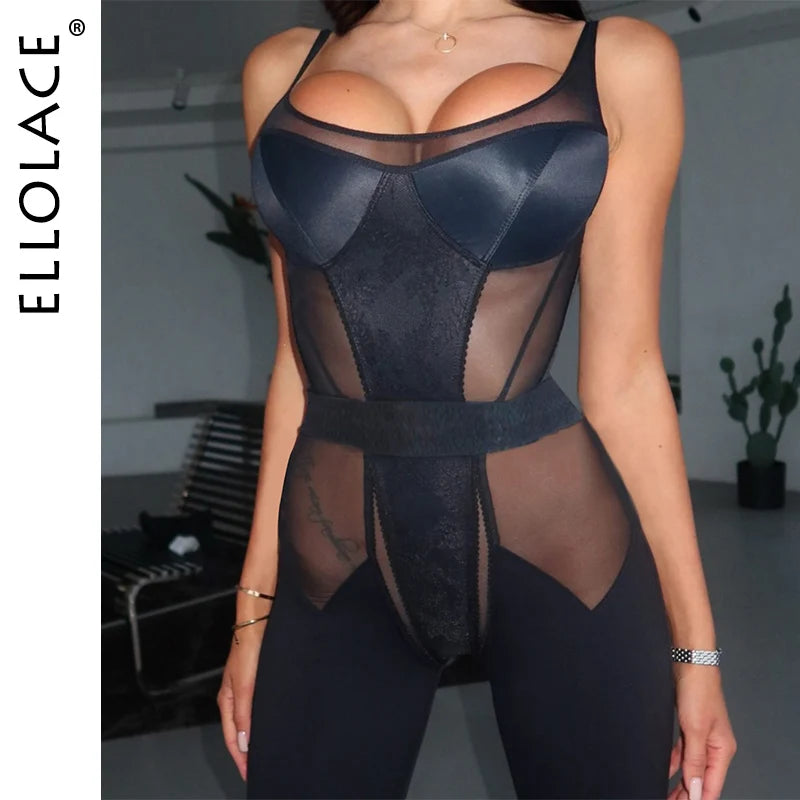 Ellolace Cougar Lingeries Femme Ultra Hot Sexy Patchwork Jumpsuit Slim Sheer Mesh Onepiece Dance Clubwear Spicy Girls' Outfits